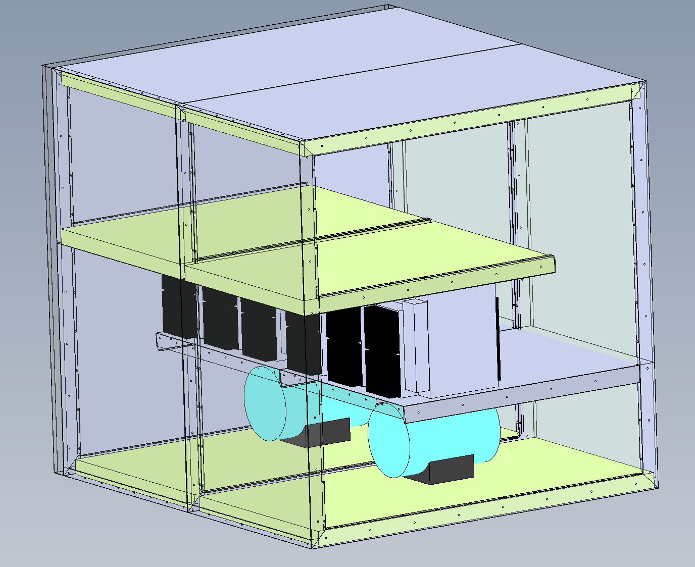Rendu 3D de l'unité de 17 kW : les mineurs en rangée sur une tablette, la ventilation dessous